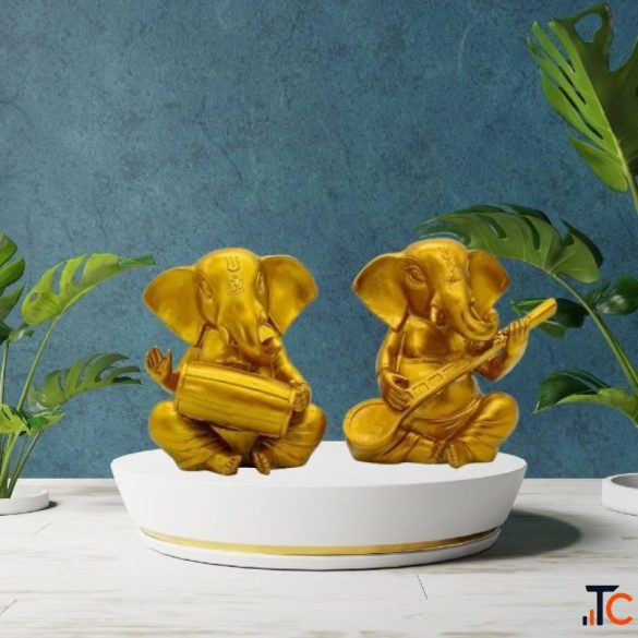 Golden Ganesha Musician Decor Showpiece Set for Home Office Elegant Ganesh Statue DNA eStore