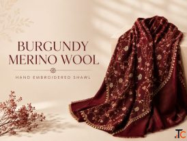 Burgundy Merino Wool Hand Embroidered Shawl
