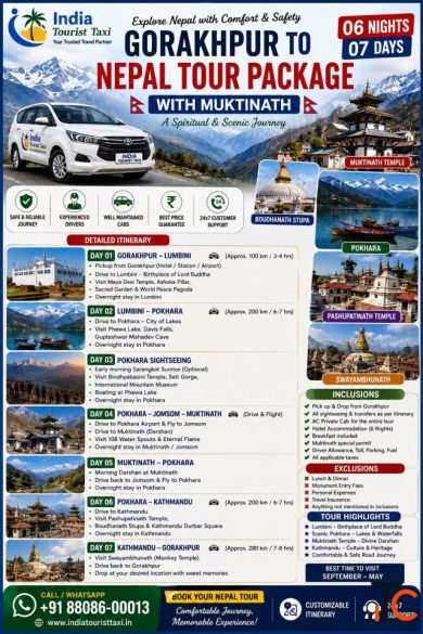 06 Nights 07 Days Gorakhpur to Nepal Tour Package with Muktinath India Tourist Taxi